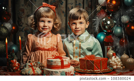 Happy children holding Christmas gifts in their hands, 60s style greeting card and Happy New Year 108380024