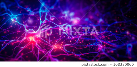 Visualization of development of neural connections, neon illumination of signal along nerve cells 108380060