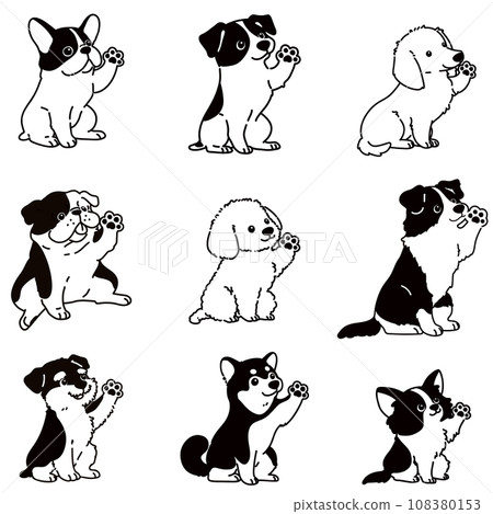 一組正在處理的各種狗的手繪插圖。只有主線是白色的。 108380153