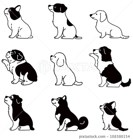 Illustration set of various sitting dogs, sideways, only the main line is white Illustration set of various sitting dogs, sideways, only the main line is white 108380154