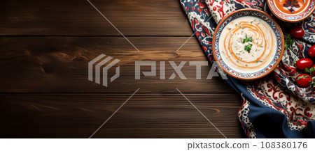 Turkish Yogurt Soup, a thick, fatty and light traditional soup with a pleasant flavor and creamy texture. Diet idea - Turkish yogurt low-calorie soup. Project for menu with copy space for text Turkish Yogurt Soup, a thick, fatty and light traditional soup with a pleasant flavor and creamy texture. Diet idea - Turkish yogurt low-calorie soup. Project for menu with copy space for text 108380176