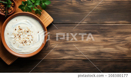Yogurt soup on a wooden table, flat lay, traditional thick soup made from the best dairy products, a dish of traditional cuisine of Turkey and Turkic peoples. Idea for menu with copy space for text Yogurt soup on a wooden table, flat lay, traditional thick soup made from the best dairy products, a dish of traditional cuisine of Turkey and Turkic peoples. Idea for menu with copy space for text 108380177