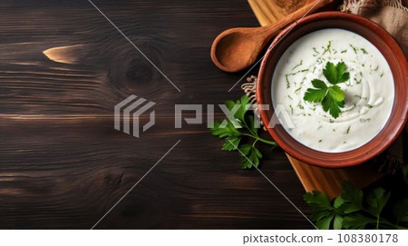 Turkish yogurt soup on wooden table, flat lay, traditional thick soup made from best dairy products, a dish of traditional cuisine of Turkey and Turkic peoples. Idea for menu with copy space for text Turkish yogurt soup on wooden table, flat lay, traditional thick soup made from best dairy products, a dish of traditional cuisine of Turkey and Turkic peoples. Idea for menu with copy space for text 108380178