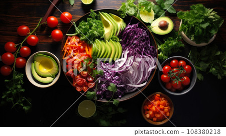 Vegan salad Buddha bowl with vegetables, seeds and nuts on a dark wooden table, top view. Useful healthy food in the daily diet, idea for a bar or restaurant menu Vegan salad Buddha bowl with vegetables, seeds and nuts on a dark wooden table, top view. Useful healthy food in the daily diet, idea for a bar or restaurant menu 108380218