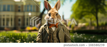 Web banner with a March rabbit in a suit in the style of the 60s against the backdrop of a park in the city, the beginning of spring and a symbol of fertility. Happy spring and easter greeting idea Web banner with a March rabbit in a suit in the style of the 60s against the backdrop of a park in the city, the beginning of spring and a symbol of fertility. Happy spring and easter greeting idea 108380239