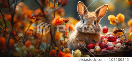 Postcard with the Easter bunny and a basket of eggs and blooming spring trees. Idea for Happy Spring and Easter greetings with copy space Postcard with the Easter bunny and a basket of eggs and blooming spring trees. Idea for Happy Spring and Easter greetings with copy space 108380243