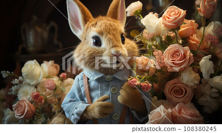 Cute funny hare next to bouquets of delicate roses, a postcard with a rabbit in a shirt, an idea for congratulations on spring and Easter. Symbol of fertility and new life cycle, invitation card 108380245