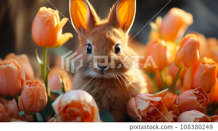 An Easter bunny among spring, delicate flowers, a postcard with a little bunny in the sunlight or a screensaver for congratulating you on spring and Easter. An Easter bunny among spring, delicate flowers, a postcard with a little bunny in the sunlight or a screensaver for congratulating you on spring and Easter. 108380249