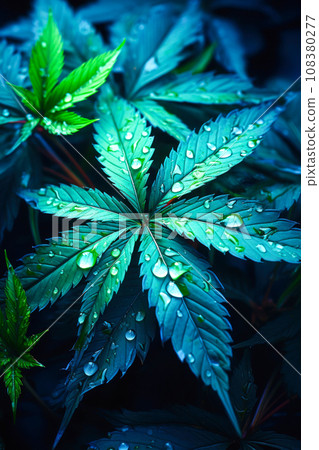 A vertical poster with a marijuana leaf in drops of water in a neon backlight, an idea for a print or decoration of products or product packaging. Background design concept for interior A vertical poster with a marijuana leaf in drops of water in a neon backlight, an idea for a print or decoration of products or product packaging. Background design concept for interior 108380277