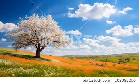 Blooming white apple tree surrounded by blooming scarlet poppies on a spring meadow, beautiful blue sky with clouds, space for copy text. Restoring mental health after psychoanalysis screensaver idea 108380296