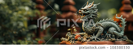 A figurine of a green Chinese Dragon on a table against the background of a green courtyard behind house, a space with a wish for happiness in new year or an invitation to a holiday, Chinese New Year 108380330