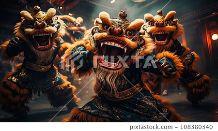 Performers in dragon costumes dance during Chinese New Year celebrations on the street of the old city. Idea for a poster or postcard congratulations and wishes for happiness in the new year 108380340