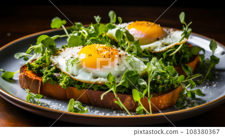Close-up on toast with guacamole, fried egg and arugula, whole grain bread fried in olive oil. Idea for breakfast in a Mediterranean cafe on a weekend Close-up on toast with guacamole, fried egg and arugula, whole grain bread fried in olive oil. Idea for breakfast in a Mediterranean cafe on a weekend 108380367