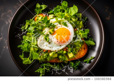 Healthy breakfast, toast with guacamole, fried egg and arugula, whole grain bread fried in olive oil. The perfect combination of Mediterranean cuisine, bright taste and healthy nutrition. Flat layout 108380368