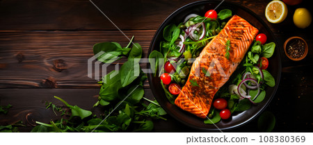 A healthy, Mediterranean-style lunch with the perfect combination of ingredients, bold flavors and healthy nutrition. Flat lay, plates of fresh vegetables and salmon slices with copy space A healthy, Mediterranean-style lunch with the perfect combination of ingredients, bold flavors and healthy nutrition. Flat lay, plates of fresh vegetables and salmon slices with copy space 108380369