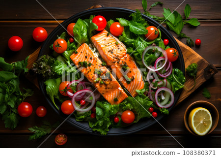 Mediterranean-style lunch with perfect combination of ingredients, bold flavors and healthy nutrition. Flat lay, plates of fresh vegetables and salmon slices, combination of ingredients for lunch Mediterranean-style lunch with perfect combination of ingredients, bold flavors and healthy nutrition. Flat lay, plates of fresh vegetables and salmon slices, combination of ingredients for lunch 108380371