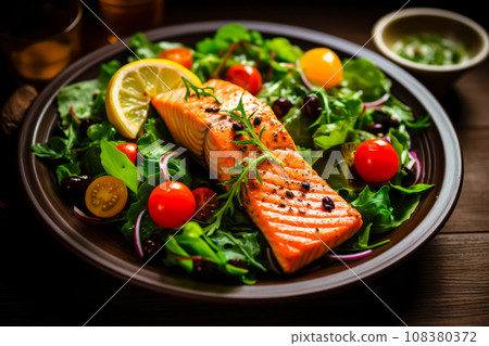 Close-up on a dish with salmon fillet and fresh vegetables from local market, green salad with tomatoes, olives and herbs on wooden table, healthy eating in the Mediterranean diet, perfect combination Close-up on a dish with salmon fillet and fresh vegetables from local market, green salad with tomatoes, olives and herbs on wooden table, healthy eating in the Mediterranean diet, perfect combination 108380372