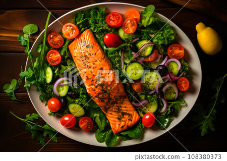 Grilled salmon fillet and fresh vegetable green salad with tomatoes, olives and herbs on black table, healthy eating in Mediterranean diet, top view. The perfect combination of ingredients for lunch Grilled salmon fillet and fresh vegetable green salad with tomatoes, olives and herbs on black table, healthy eating in Mediterranean diet, top view. The perfect combination of ingredients for lunch 108380373
