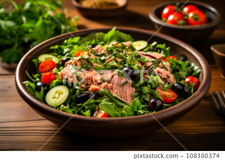 delicious and healthy Mediterranean-style salad with the perfect combination of ingredients, vibrant flavor and healthy nutrition. Close-up on a bowl of fresh vegetables and tuna, perfect combination delicious and healthy Mediterranean-style salad with the perfect combination of ingredients, vibrant flavor and healthy nutrition. Close-up on a bowl of fresh vegetables and tuna, perfect combination 108380374