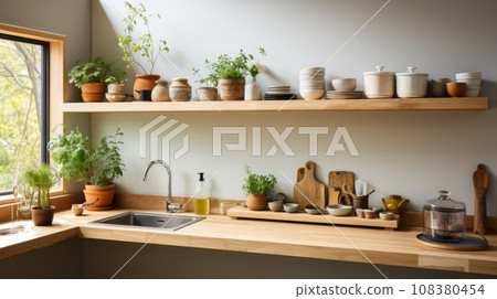 Kitchen workspace with open shelves with pottery and potted indoor plants. Interior with simple and clean lines and maximum space for comfort and coziness 108380454