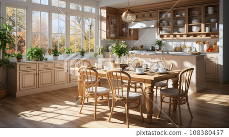 Project of a kitchen in a country house combined with a dining room, maximum free space with an interior made of natural materials. Functional design in Scandinavian style with simple and clean lines Project of a kitchen in a country house combined with a dining room, maximum free space with an interior made of natural materials. Functional design in Scandinavian style with simple and clean lines 108380457