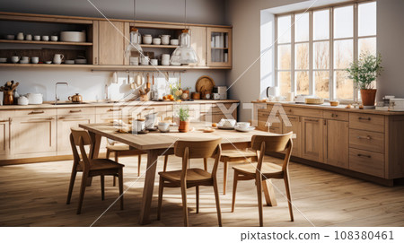 Kitchen design with a minimalist Scandinavian style, an idea for an interior in light colors. Details from natural materials and maximum free space in the apartment project, natural light 108380461