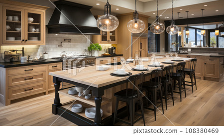 Kitchen design made of natural wood in light colors, use of natural materials in the apartment design, simple and clean lines in the interior, functional design in Scandinavian style 108380469