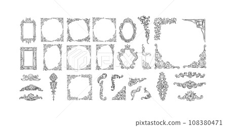 Hand drawn vector abstract outline,graphic,line art vintage baroque ornament floral frames set in minimalistic modern style.Baroque floral vintage outline design concept.Vector antique frame isolated. 108380471