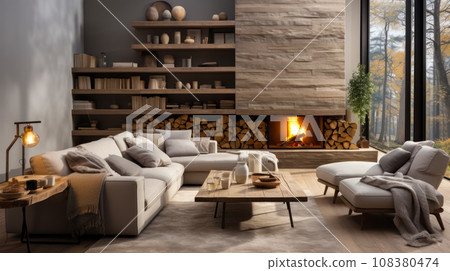 Modern house project, living room with fireplace and cozy with a blanket on a comfortable sofa, time for winter holidays. Country house interior with simple clean lines and natural materials Modern house project, living room with fireplace and cozy with a blanket on a comfortable sofa, time for winter holidays. Country house interior with simple clean lines and natural materials 108380474