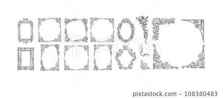 Hand drawn vector abstract outline,graphic,line art vintage baroque ornament floral frames set in minimalistic modern style.Baroque floral vintage outline design concept.Vector antique frame isolated. 108380483