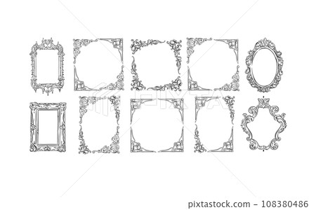 Hand drawn vector abstract outline,graphic,line art vintage baroque ornament floral frames set in minimalistic modern style.Baroque floral vintage outline design concept.Vector antique frame isolated. Hand drawn vector abstract outline,graphic,line art vintage baroque ornament floral frames set in minimalistic modern style.Baroque floral vintage outline design concept.Vector antique frame isolated. 108380486
