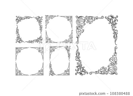 Hand drawn vector abstract outline,graphic,line art vintage baroque ornament floral frames set in minimalistic modern style.Baroque floral vintage outline design concept.Vector antique frame isolated. Hand drawn vector abstract outline,graphic,line art vintage baroque ornament floral frames set in minimalistic modern style.Baroque floral vintage outline design concept.Vector antique frame isolated. 108380488