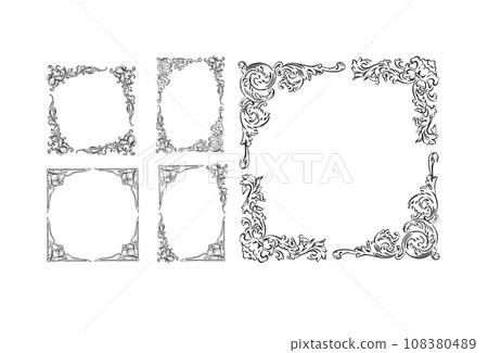 Hand drawn vector abstract outline,graphic,line art vintage baroque ornament floral frames set in minimalistic modern style.Baroque floral vintage outline design concept.Vector antique frame isolated. 108380489