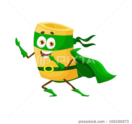 Cartoon paccheri Italian pasta food superhero character. Isolated vector funny noodle guardian personage with cute face for kids menu. Super hero wear defender green mask and cape use superpower Cartoon paccheri Italian pasta food superhero character. Isolated vector funny noodle guardian personage with cute face for kids menu. Super hero wear defender green mask and cape use superpower 108380873