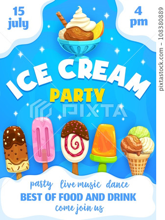 Ice cream kids party flyer with sundae, icecream stick and cone, vanilla and chocolate, vector background. Kindergarten birthday party poster or invitation flyer with sweet frozen dessert of ice cream 108380889