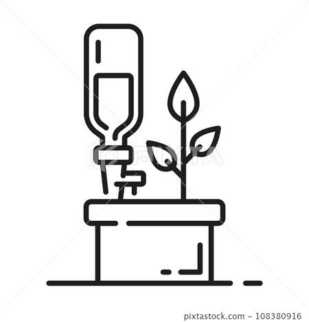 Plant drip irrigation and watering icon. Seedling watering technology, farmland aquaponics automatic system or sprout water drip equipment line vector symbol. Agriculture irrigation pictogram or icon 108380916