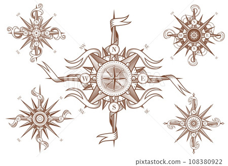 Vintage wind rose compass with medieval antique ribbons. Sea and ocean navigation direction sign, nautical cartography latitude or marine expedition wind rose sketch vector symbol, engraved emblem 108380922