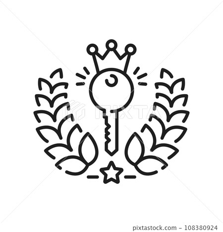 Keyword key with crown and laurel wreath, seo and words search isolated outline icon. Vector meta data traffic, media content information, keyword ranking 108380924