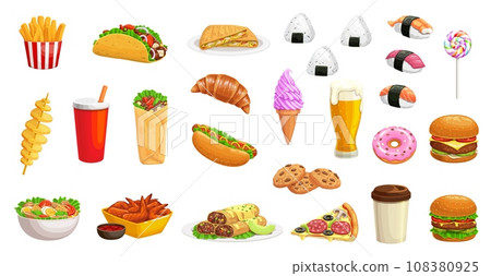 Cartoon fast food burger, drinks and pizza, hamburger and sandwiches, vector icons. Junk food or fastfood chicken and popcorn snack, soda or coffee, burrito and sushi with ice cream for fast food menu 108380925