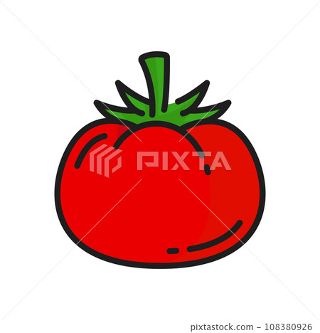 Red tomato berry with leaf vegetable salad ingredient color line icon. Vector vegetarian food whole ripe round tomato, veggies dieting cherry tomatoes 108380926