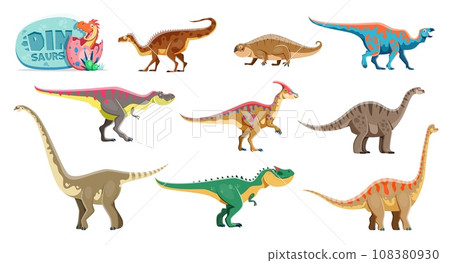 Cartoon dinosaurs isolated funny characters. Plateosaurus, Hyperodapedon, Tarbosaurus and Parasaurolophus, Vulcanodon, Omeisaurus, Allosaurus and Brachiosaurus, Iguanodon dinosaurs vector personages Cartoon dinosaurs isolated funny characters. Plateosaurus, Hyperodapedon, Tarbosaurus and Parasaurolophus, Vulcanodon, Omeisaurus, Allosaurus and Brachiosaurus, Iguanodon dinosaurs vector personages 108380930