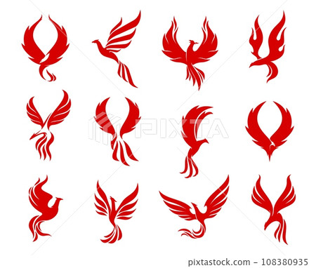 Red phoenix bird icons, firebird flying on fire flame wings, vector corporate emblems. Phoenix or creative falcon, hawk and eagle bird silhouette symbols for fashion brand or luxury boutique label Red phoenix bird icons, firebird flying on fire flame wings, vector corporate emblems. Phoenix or creative falcon, hawk and eagle bird silhouette symbols for fashion brand or luxury boutique label 108380935