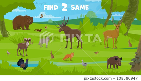 Find two same forest hunting animals on kids game worksheet, vector puzzle quiz. Wild bear, wolf and elk with deer, fox, hare and boar on hunt puzzle quiz to find two same objects on riddle game Find two same forest hunting animals on kids game worksheet, vector puzzle quiz. Wild bear, wolf and elk with deer, fox, hare and boar on hunt puzzle quiz to find two same objects on riddle game 108380947