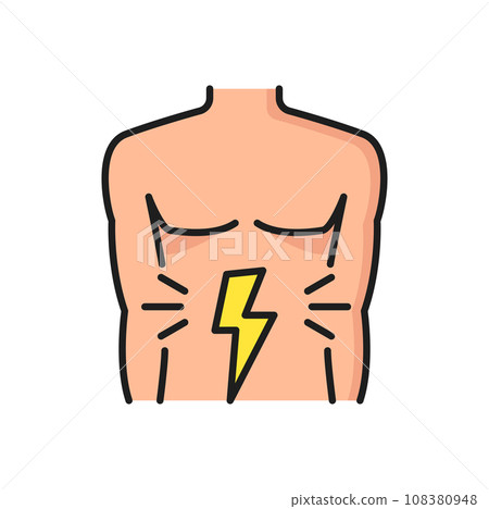 Allergy diarrhea or indigestion symptom color line icon. Food product allergy or nutrition ingredient intolerance, allergen reaction outline vector pictogram with man torso, stomach pain symbol Allergy diarrhea or indigestion symptom color line icon. Food product allergy or nutrition ingredient intolerance, allergen reaction outline vector pictogram with man torso, stomach pain symbol 108380948