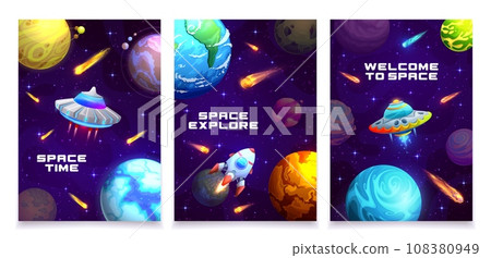 Cartoon galaxy space posters. Vector cards with alien ufo saucers, rockets, planets and asteroids in fantasy cosmic world with celestial objects. Spacecrafts expedition adventure in starry universe Cartoon galaxy space posters. Vector cards with alien ufo saucers, rockets, planets and asteroids in fantasy cosmic world with celestial objects. Spacecrafts expedition adventure in starry universe 108380949
