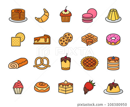 Dessert and bakery color line icons. Cake, pancakes, waffles, croissant and jelly pudding, donut, cracker cookies, macaron and pretzel sweet pastry, confectionery and bake outline pictograms set 108380950