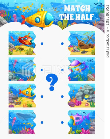 Match the half of underwater landscape. Figure fragment search vector game, kids puzzle quiz or block connect riddle worksheet with submarine on ocean bottom, treasure chest sea animals and corals 108380953