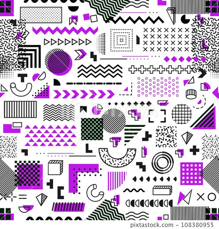 Memphis geometric minimal shapes seamless pattern. Abstract background with line doodles, Memphis color elements textile or fabric vector seamless print. Wrapping paper minimalistic geometric pattern 108380955