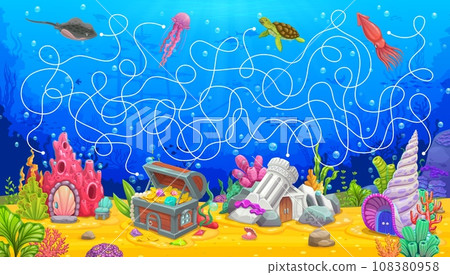 Underwater labyrinth maze, help to animals find own house building, vector puzzle game. Cartoon jellyfish, turtle and stingray with squid to find way to sea or ocean dwellings in underwater labyrinth Underwater labyrinth maze, help to animals find own house building, vector puzzle game. Cartoon jellyfish, turtle and stingray with squid to find way to sea or ocean dwellings in underwater labyrinth 108380958