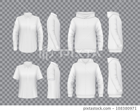 Men shirt, hoody and polo mockups. White short-sleeved and longsleeve shirt, man modern sweatshirt, isolated hoodie with zipper and pockets, clothing front, side and back view realistic vector mock up Men shirt, hoody and polo mockups. White short-sleeved and longsleeve shirt, man modern sweatshirt, isolated hoodie with zipper and pockets, clothing front, side and back view realistic vector mock up 108380971